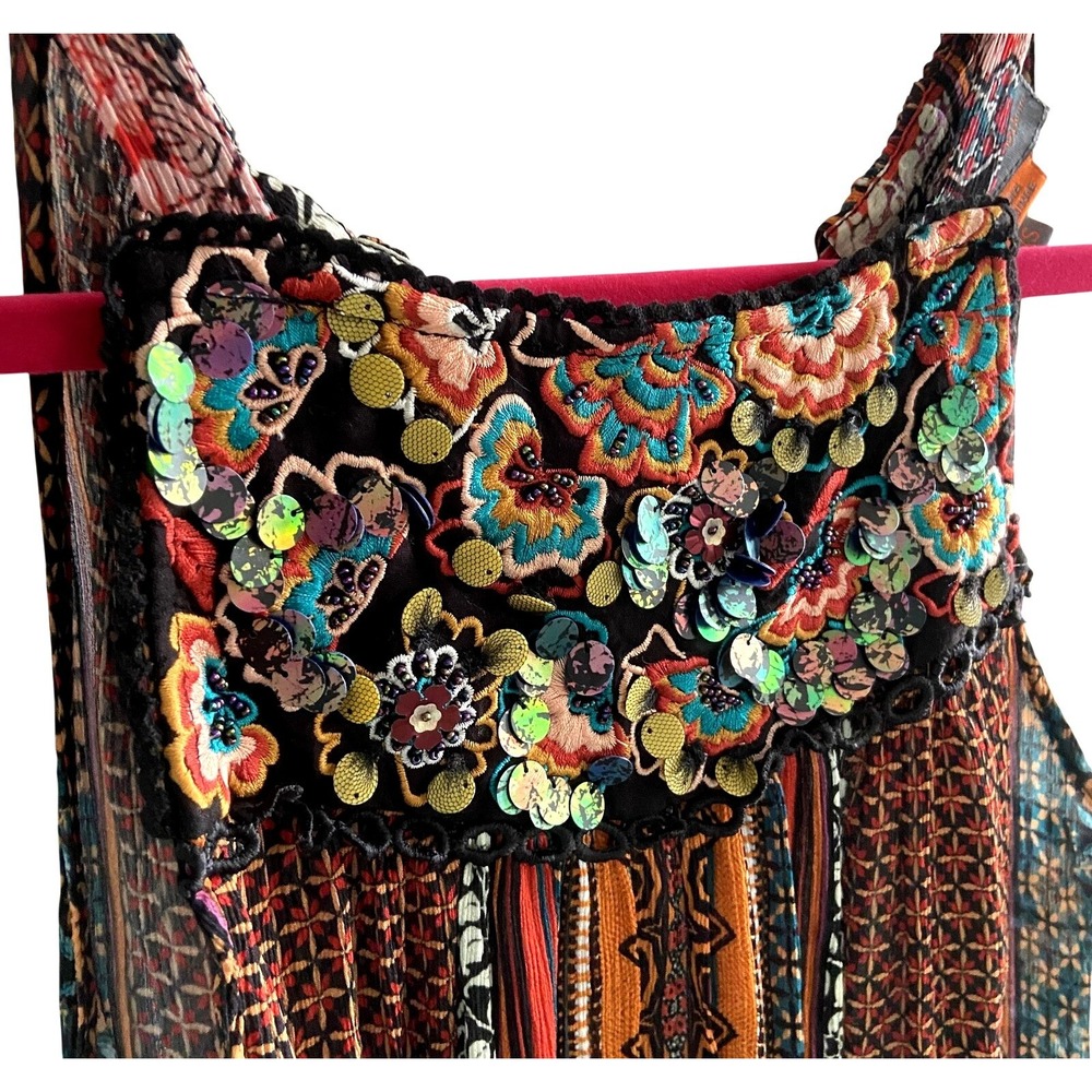Bhanuni by Jyoti Boho Tank Top Womens XS Embroidered Mosaic Sequin Tie Back